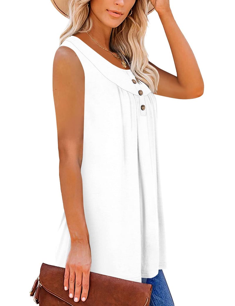 Mystry Zone Women's White Summer Tops Sleeveless Henley V Neck Pleated Casual Flare Tunic Blouse XL - Image 3